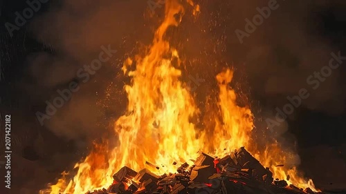 A large bonfire burns brightly against a dark night background