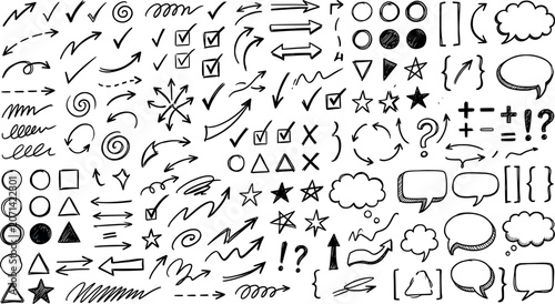 Hand drawn doodle elements set, arrows, speech bubbles, stars, check marks, frames, circles, triangles, squares, symbols, signs, isolated on white background