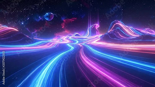 A glowing digital landscape with neon light trails in space