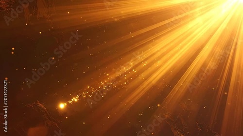 Bright golden light rays shine through floating dust particles
