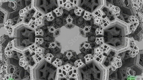 Intricate geometric fractal patterns radiating symmetrically from a central void in monochromatic.