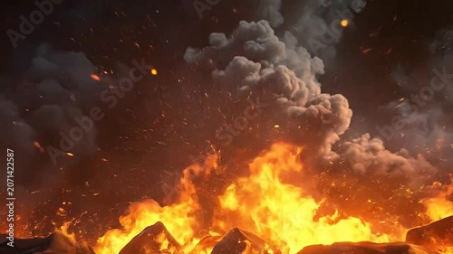 A dark landscape filled with intense fire and thick black smoke