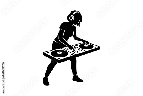 Photography Vector silhouette of a woman DJ mixing music on turntables, minimalist black ico
