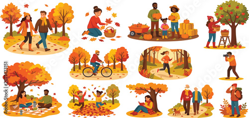Bild auf Leinwand Diverse people enjoying autumn outdoor activities set with pumpkin harvest apple picking and picnic vector