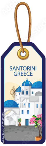 Mediterranean Travel Luggage Tag with Santorini Greece Illustration