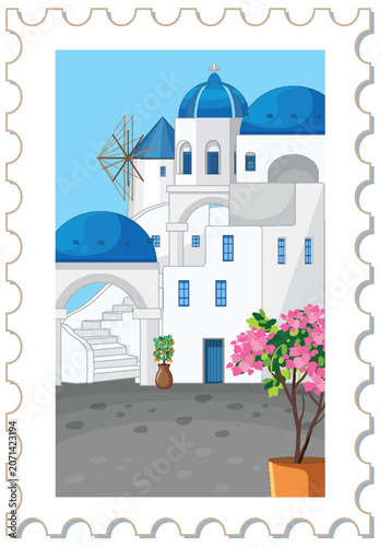 Mediterranean Coastal Village Illustration on a Decorative Postage Stamp