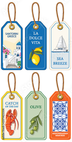Mediterranean Theme Travel and Food Luggage Tag Vector Illustration Set