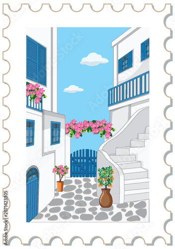 Mediterranean Village Street Scene Vector Illustration on Postage Stamp