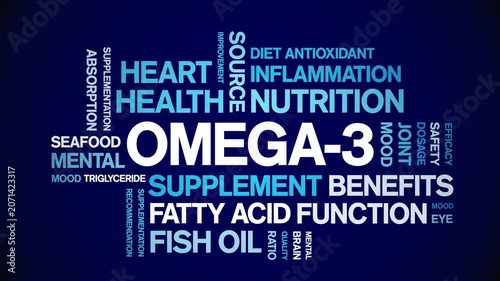 Omega-3 animated word cloud-text design animation tag kinetic typography seamless loop.