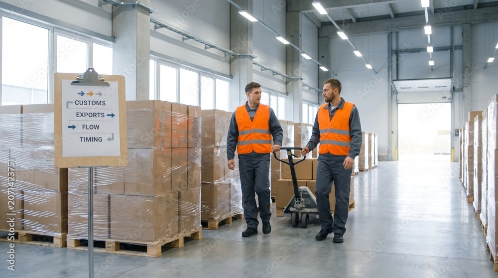 Fototapeta premium Border Trade Warehouse Workflow With Pallets Workers And Customs Board