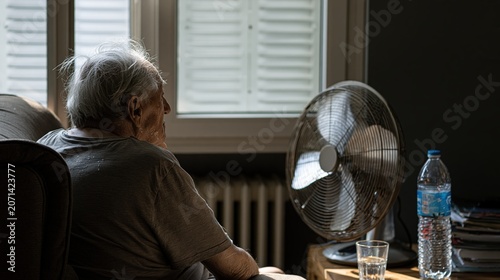 Personne âgée assise face à un ventilateur par forte chaleur estivale