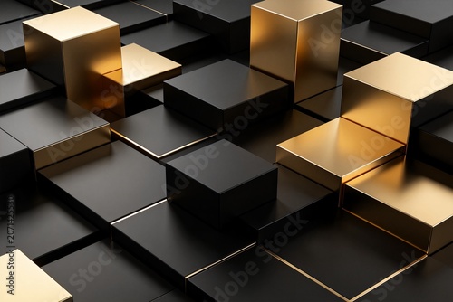 pattern. Symmetrical 3D abstract geometric cubes in matte black and gold. minimalist tech wallpapers, modern architecture, designed for website headers and 3D patterns.