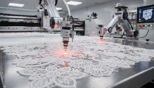 Automated laserguided robots precisely cutting intricate floral lace patterns on fabric showcasing delicate craftsmanship in a hightech robotic lace cutting workstation.