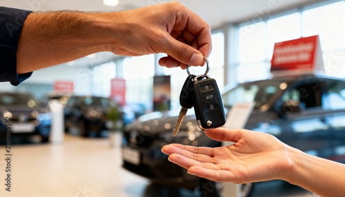 A person hands over car keys to a new owner inside a spacious dealership filled with gleaming vehicles. Excitement fills the air as dreams of driving come to life.