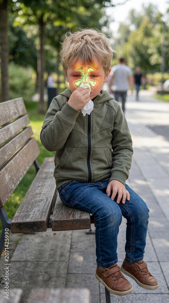 Fototapeta premium Child sitting on bench holding tissue to nose with illustrative sinus inflammation map. Boy suffering from seasonal allergy or common cold. Healthcare and pediatric medical diagnostics concept.