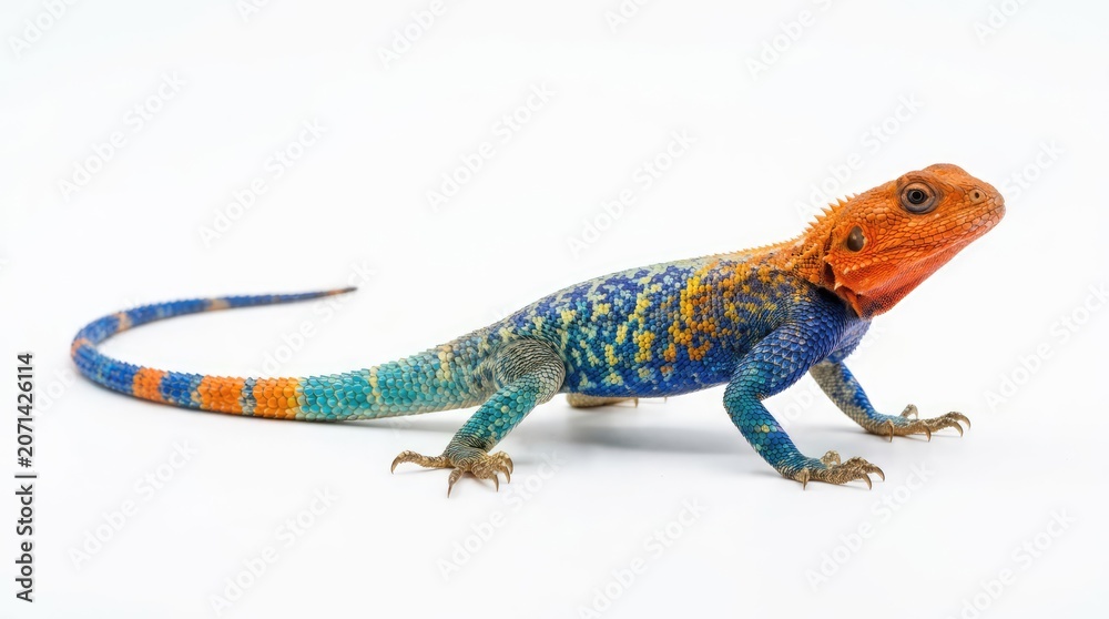 Fototapeta premium A strikingly colorful lizard with vibrant orange, blue, and yellow scales. The reptile is captured in profile, showcasing its textured skin and long, banded tail