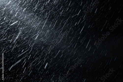 precipitation. Heavy rain falling diagonally with misty wind isolated on black. dramatic weather effects, moody photo editing, designed for storm overlays.
