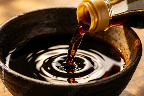 gastronomy. Thick dark soy sauce pouring into a rustic black ceramic bowl. asian cuisine, food packaging, designed for restaurant menus and culinary recipes.