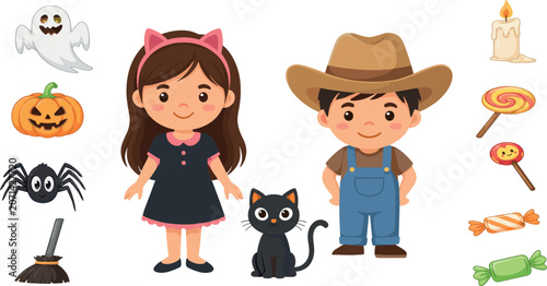 Cuadro en lienzo Cute cartoon kids dressed in cowboy and cat costumes for Halloween with black cat pumpkin spider ghost and sweet candy elements isolated on white background