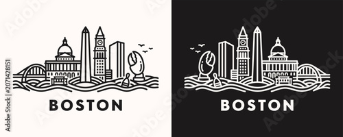 Fotografie Boston Massachusetts City Skyline Minimalist Line Art Vector Icon Illustration S