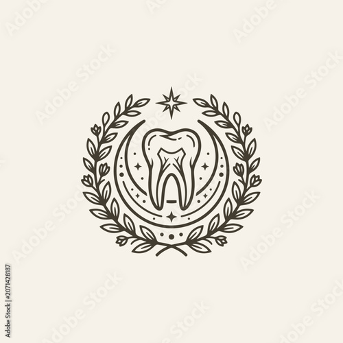 Mystical Tooth Line Art Emblem with Crescent Moon, Floral Wreath and Celestial Elements