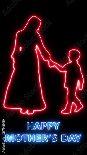 A mother and child hold hands on Mother's Day with a neon sign.