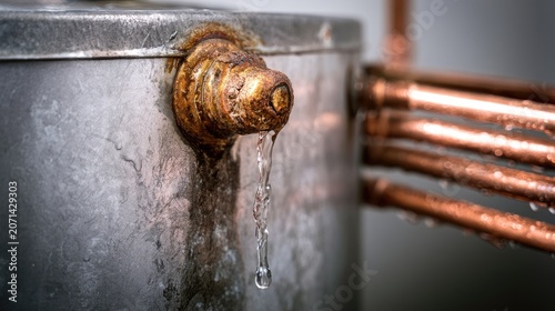 Rusted water heater valve with dripping water and copper pipes