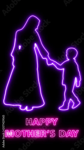A mother and child hold hands in a neon-lit scene on Mother's Day