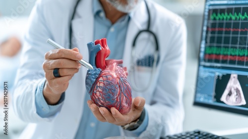 Physician points to anatomical heart model next to monitor displaying vital signs