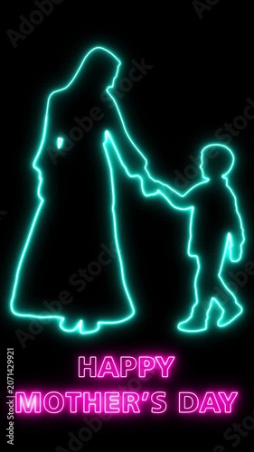 A mother and child walk hand in hand on a dark background with neon lights, and with text 