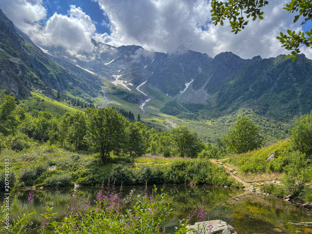 Obraz premium Alpine valley with lake and flowers in Les Contamines-Montjoie, France
