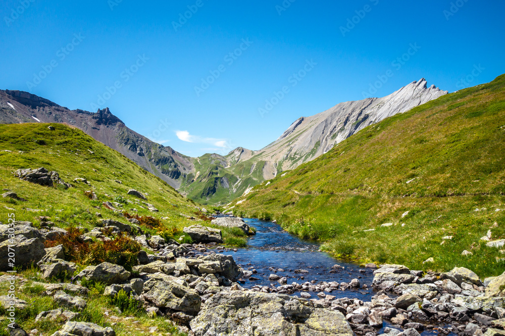 Fototapeta premium Clear mountain stream flowing in alpine valley, France