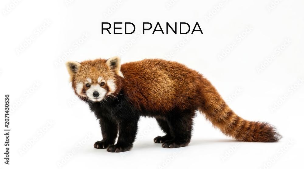 Fototapeta premium A red panda stands on a white background with the text RED PANDA above it