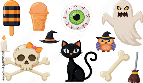 Photos Cute Halloween vector icon set featuring a black cat ghost skull witch hat bloodshot eyeball and spooky treats isolated on white background