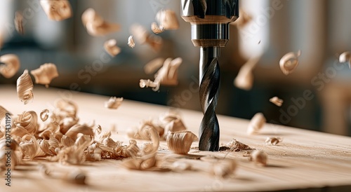Close-up of drill bit creating wood shavings in workshop