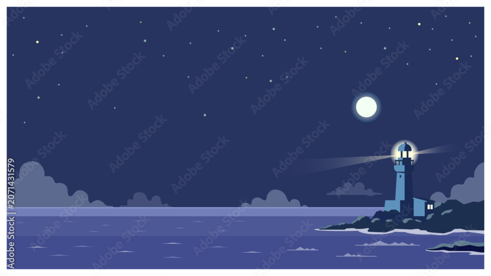 Naklejka premium 月夜の海と星空の背景イラスト