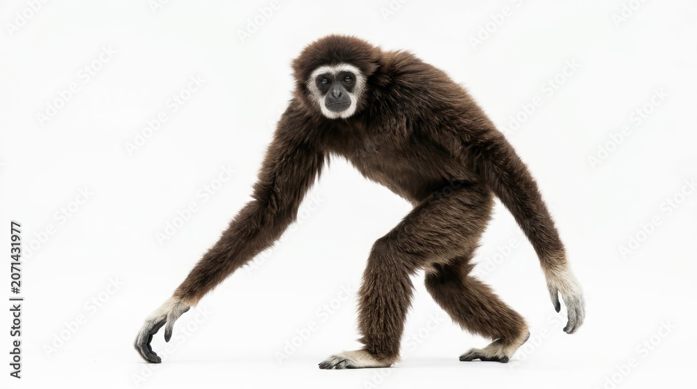 Fototapeta premium A gibbon stands on all fours, its long arms outstretched, showcasing its unique anatomy. The primate's fur is a rich brown, and its face features distinct dark circles around its eyes.