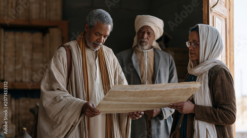 Egyptian archaeologist and local community liaison standing at a storage facility doorway reviewing recently catalogued papyrus fragments under conservation lighting, their
