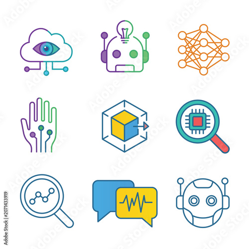 Artificial Intelligence and Machine Learning Thin Line Icon Set featuring AI Robotics, Data Science Neural Networks, Cloud Computing, and Deep Learning Concepts