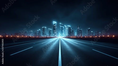 Futuristic city skyline view down a long highway