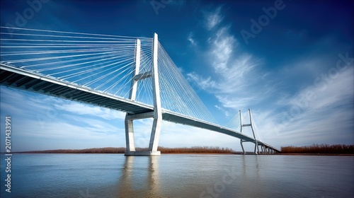 Majestic bridge connects landscapes across the flowing water