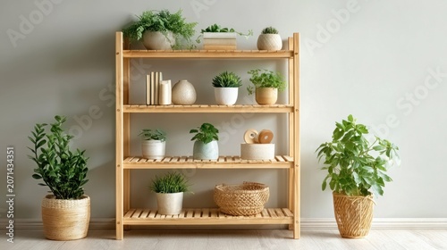 Indoor plants arranged on a rustic wooden shelving unit