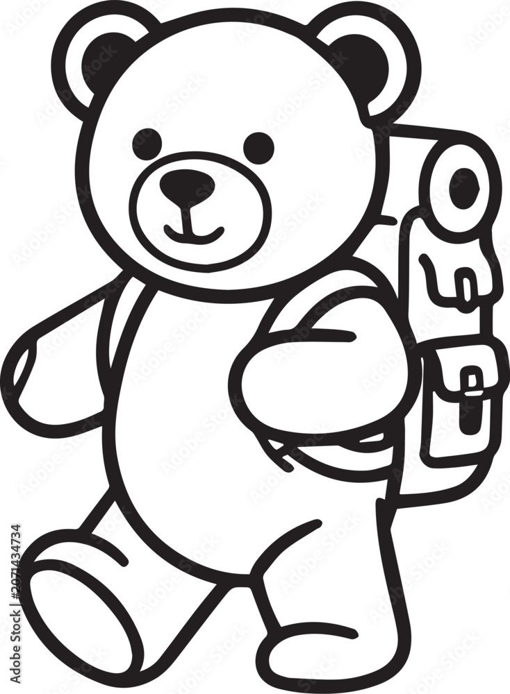 Fototapeta premium A charming cartoon teddy bear, adorned with a backpack, embarks on an adventurous journey, captured in a simple, playful illustration.