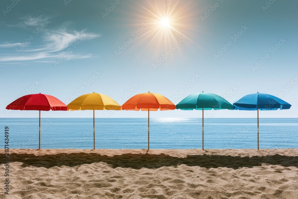 Fototapeta premium Five colorful beach umbrellas stand in a line on a sandy shore by the ocean
