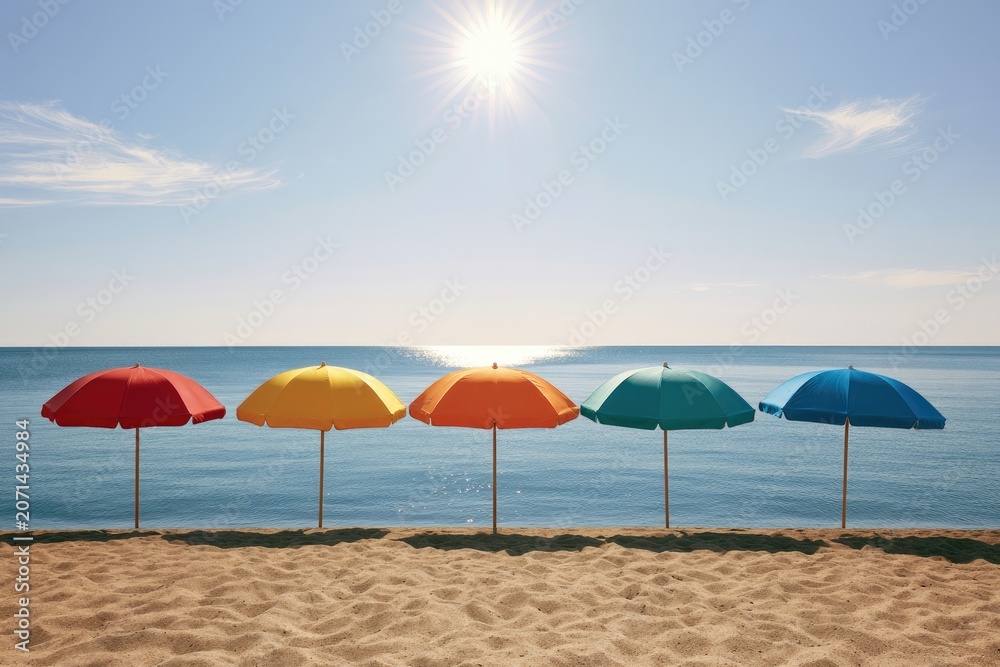Fototapeta premium Five colorful umbrellas stand on a sandy beach under a bright sunny sky