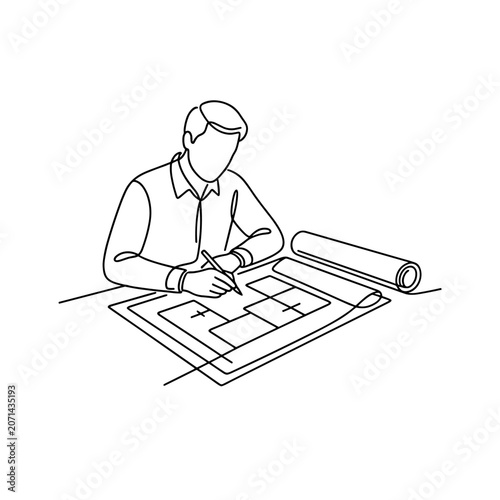Architect drafting blueprint floor plan, engineer designing project construction, continuous line art business planning concept