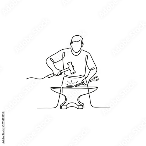 Blacksmith forging metal with hammer on anvil, continuous line art man crafting iron, concept of hard work and character development