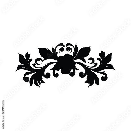 Floral ornament features a symmetrical botanical scroll design rendered in a bold black silhouette style for use as a decorative divider or artistic emblem in professional graphic layout projects.