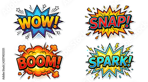 Vibrant comic book vector style speech bubbles featuring bold text effects like wow snap boom and spark for graphic design