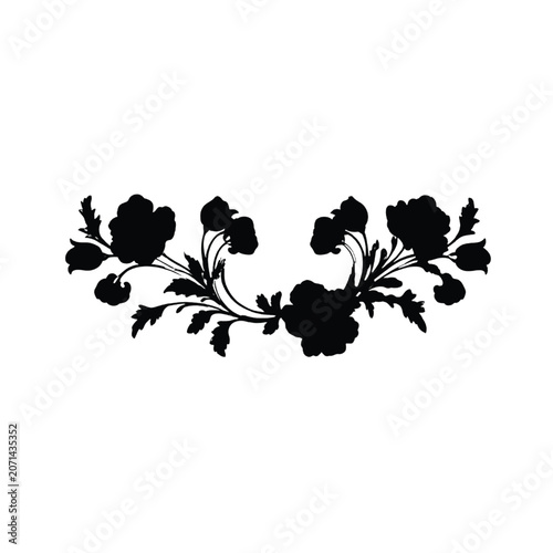 Floral composition features a dark silhouette of blooming flowers and curved stems arranged in a balanced horizontal pattern, ideal for elegant borders or sophisticated decorative page dividers.